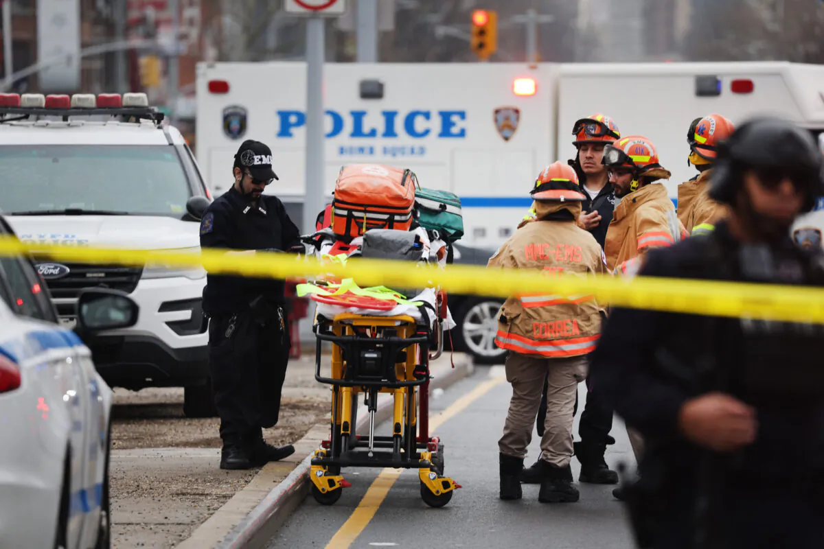 Police and emergency responders gather at the site of a reported shooting of multiple people outside of the 36 St subway station in the Brooklyn borough of New York on April 12, 2022. (Spencer Platt/Getty Images)