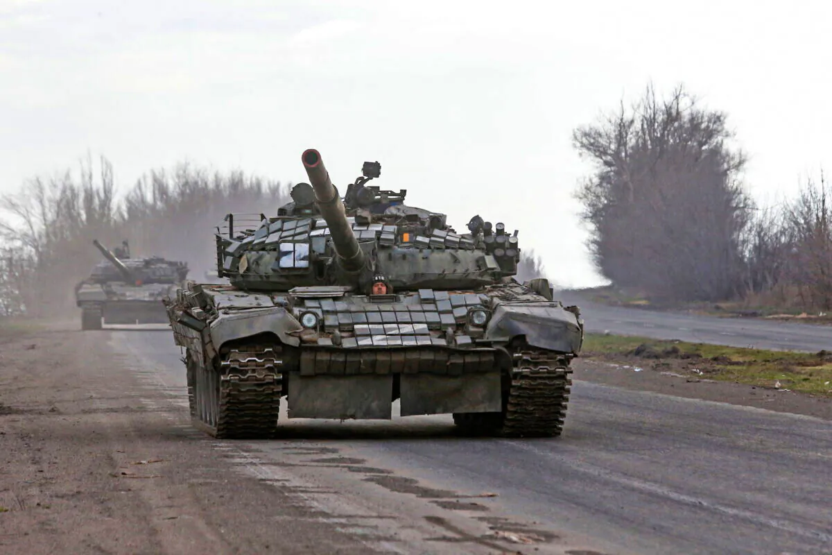 A view shows an armoured convoy of pro-Russian troops during the Ukraine-Russia conflict on a road near Mariupol, Ukraine, on April 3, 2022. (Alexander Ermochenko/Reuters)