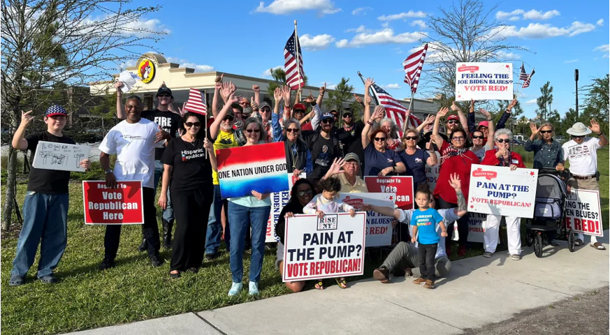 Scott Presler and his supporters pose for a photo during a voter registration drive at a gas station in St. John's County, Fla., on April 9, 2022. (Courtesy of Scott Presler)
