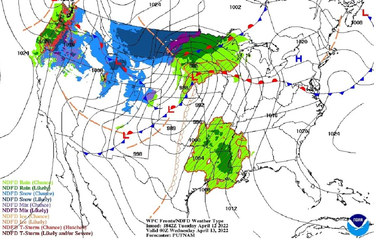 Weather map of a major winter storm bringing heavy snow and blizzard conditions to parts of the U.S. Northern Plains through April 12, 2022. (NOAA/Screenshot via The Epoch Times)