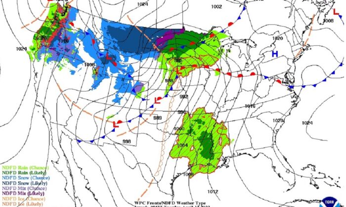Weather map of a major winter storm bringing heavy snow and blizzard conditions to parts of the U.S. Northern Plains through April 12, 2022. (NOAA/Screenshot via The Epoch Times)