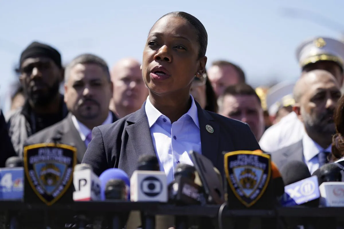 New York City Police Commissioner Keechant Sewell speaks at a news conference in the Brooklyn borough of New York on April 12, 2022. (John Minchillo/AP Photo)