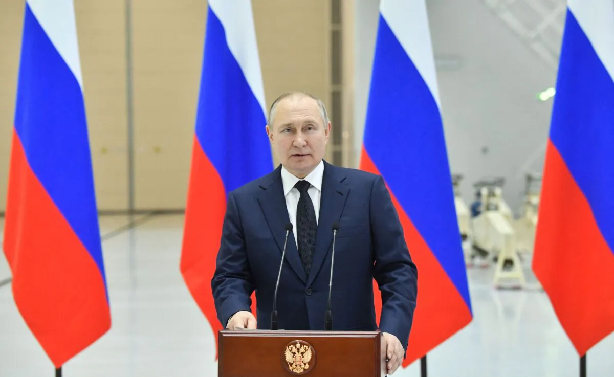 Russian President Vladimir Putin delivers a speech, as he visits the Vostochny cosmodrome, some 180 km north of Blagoveschensk, Amur region, on April 12, 2022. (Yevgeny Biyatov/Sputnik/AFP via Getty Images)