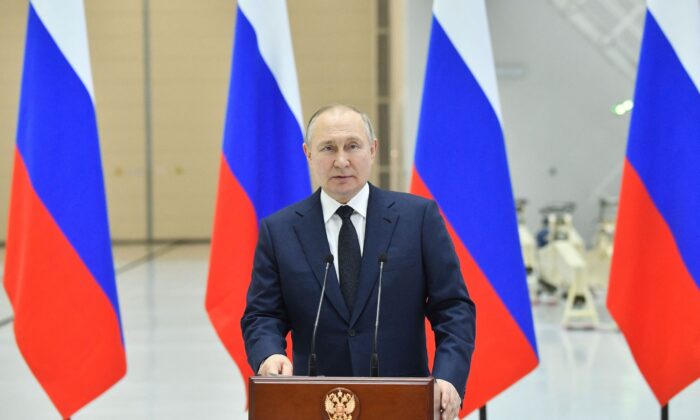 Russian President Vladimir Putin delivers a speech, as he visits the Vostochny cosmodrome, some 180 km north of Blagoveschensk, Amur region, on April 12, 2022. (Yevgeny Biyatov/Sputnik/AFP via Getty Images)