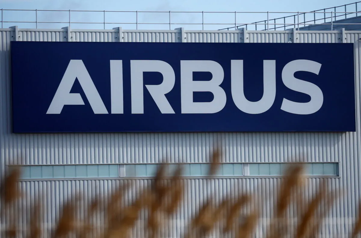 The logo of Airbus is pictured at the Airbus facility in Montoir-de-Bretagne near Saint-Nazaire, France, on March 4, 2022. (Stephane Mahe/Reuters)