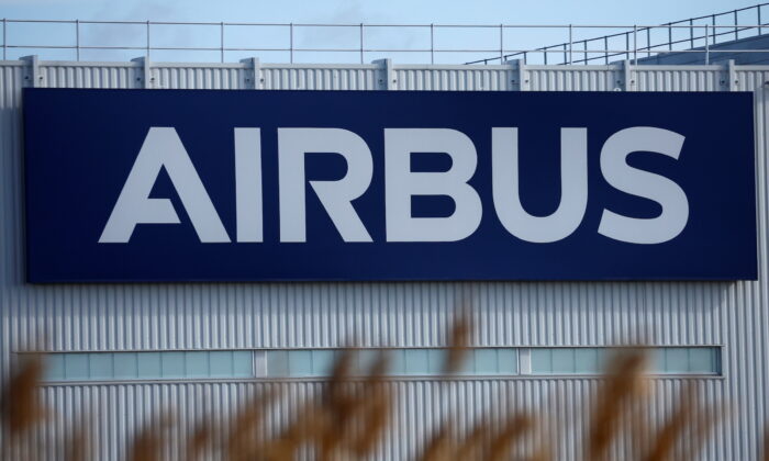 The logo of Airbus is picuted at the Airbus facility in Montoir-de-Bretagne near Saint-Nazaire, France, on March 4, 2022. (Stephane Mahe/Reuters)