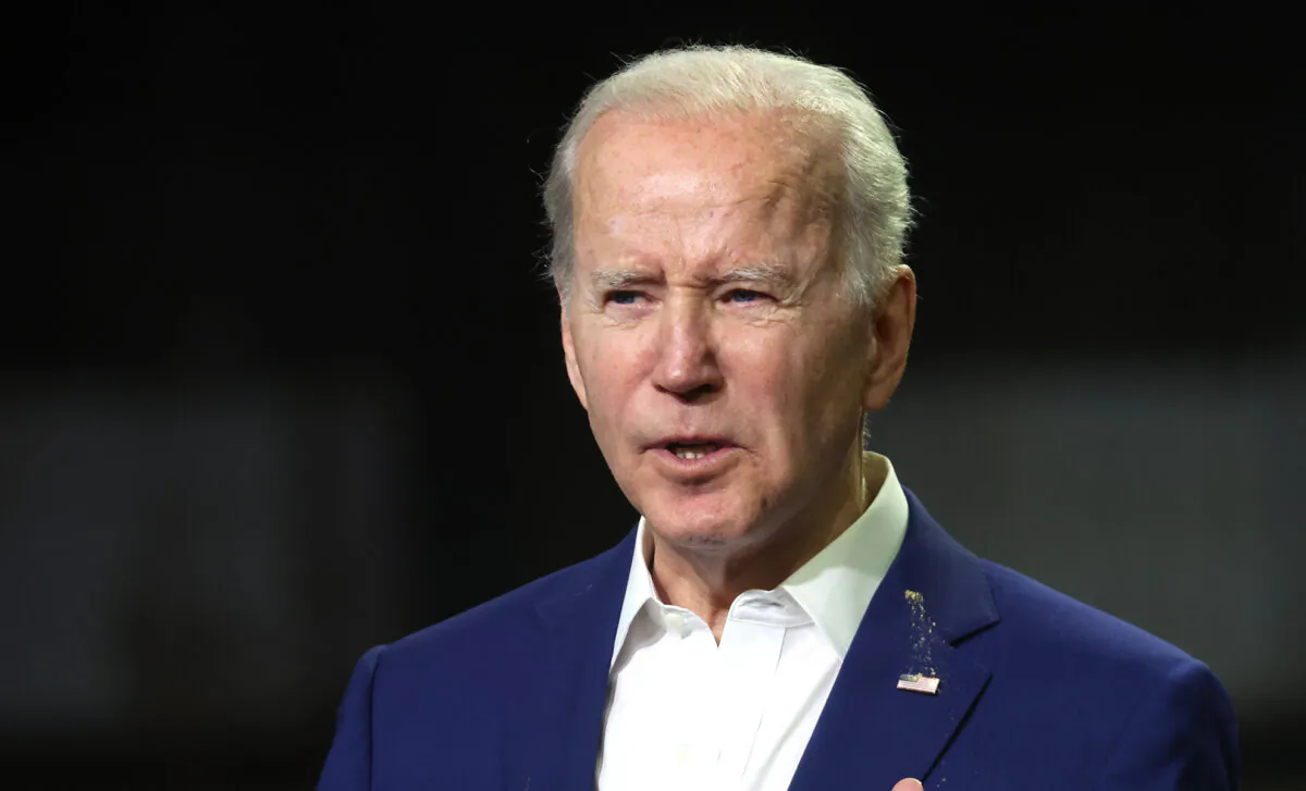 President Joe Biden speaks to guests during a visit to POET Bioprocessing in Menlo, Iowa, on April 12, 2022. (Scott Olson/Getty Images)