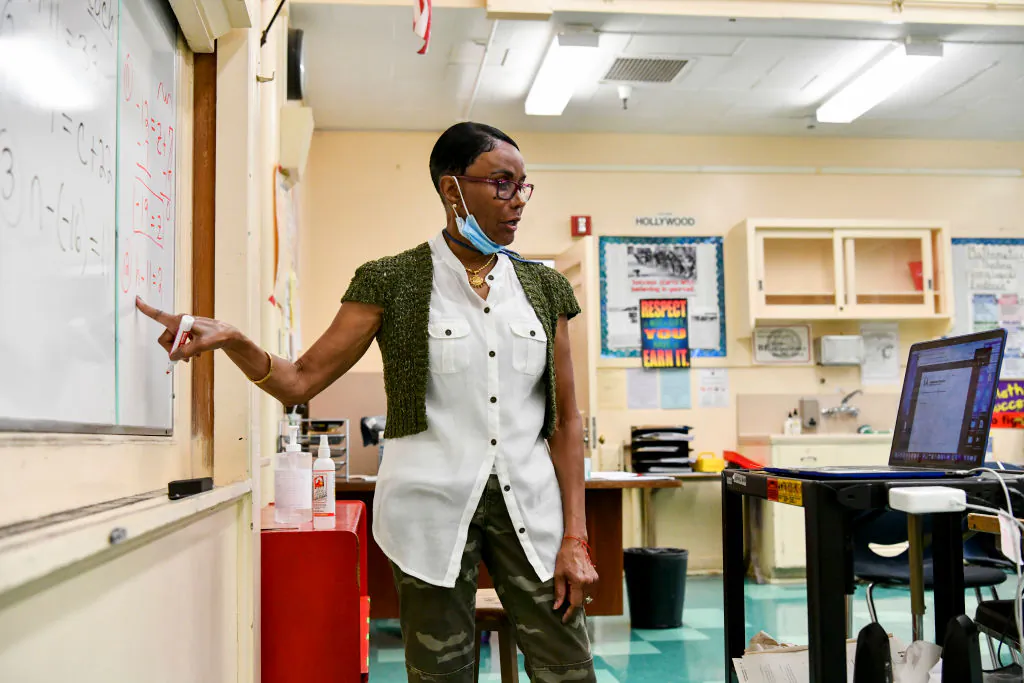 A high school teacher holds a class remotely in Los Angeles on Sept. 8, 2020. (Rodin Eckenroth/Getty Images)