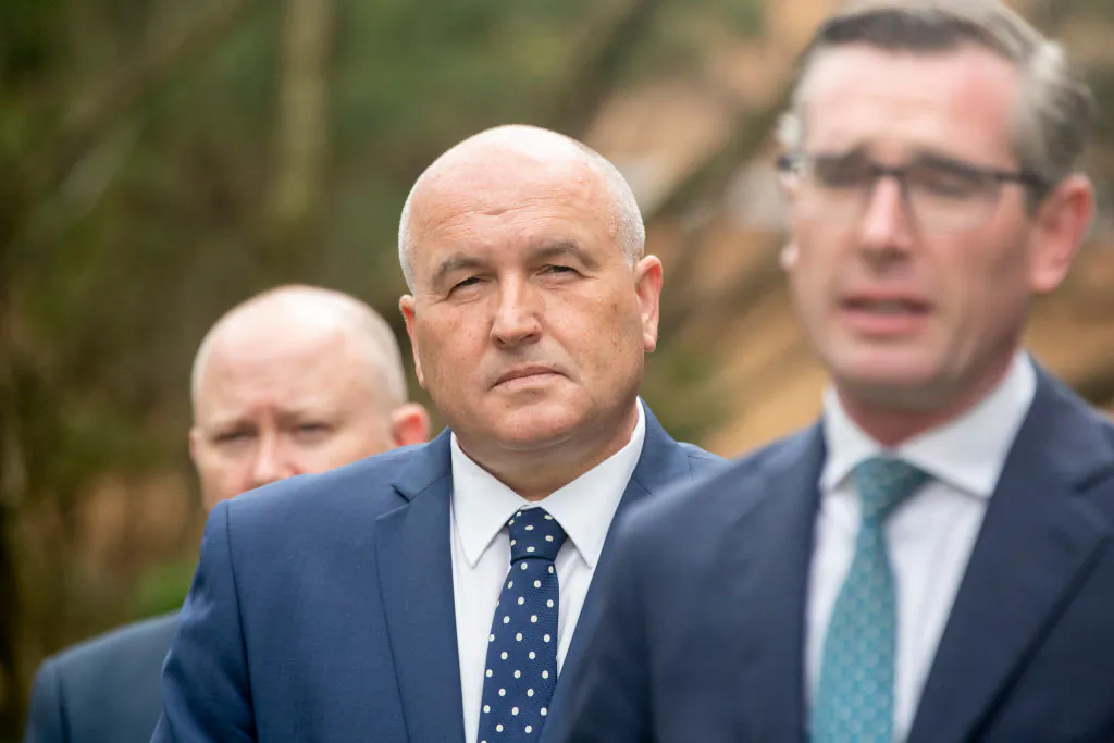 NSW Police and Emergency Services Minister David Elliott (C) looks on during a press conference at Parliament House in Sydney, Australia on Oct. 22, 2020. (Jenny Evans/Getty Images)