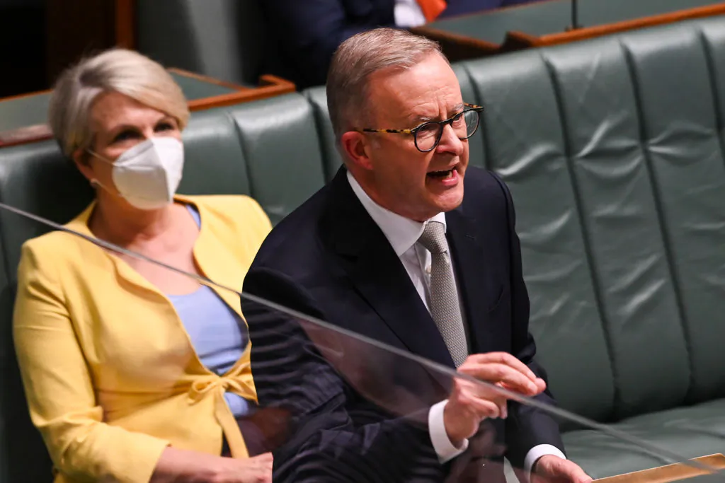 Labor and opposition leader Anthony Albanese delivering his budget reply speech in Canberra, Australia, on March 31, 2022. (Martin Ollman/Getty Images)