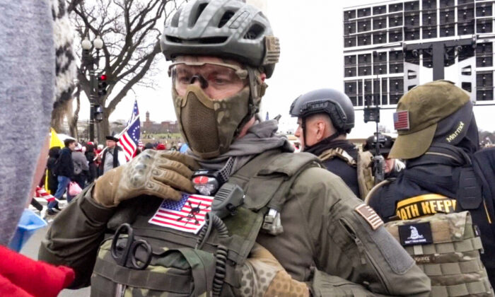 Oath Keepers member Jeremy Brown explains the group's constitution-focused mission to rallygoers in Washington D.C. on Jan. 6, 2021. The FBI unsuccessfully tried to recruit Brown to spy on the Oath Keepers. (Special to The Epoch Times)