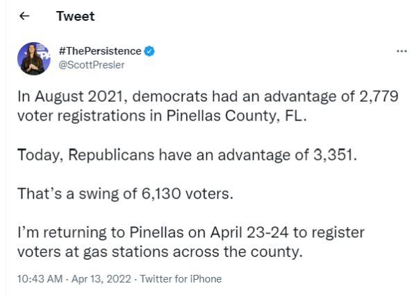Screenshot of an April 13, 2022 social media post by Scott Pressler regarding voter registration numbers in Pinellas County, Florida.