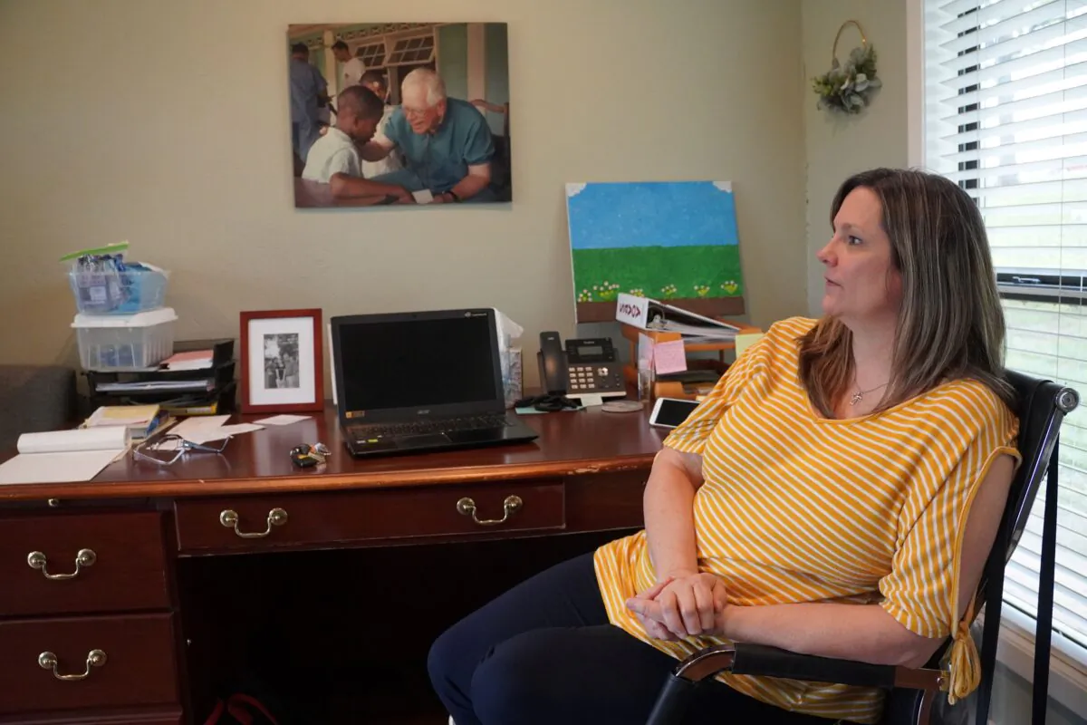Volunteer Beth Knox and a Mercy Works team of volunteers delivered 600 "Border Patrol appreciation packs" to agents in McAllen, Texas, in March. Knox is photographed in her office at Mercy Works on April 12, 2022. (Patrick Butler/The Epoch Times) 