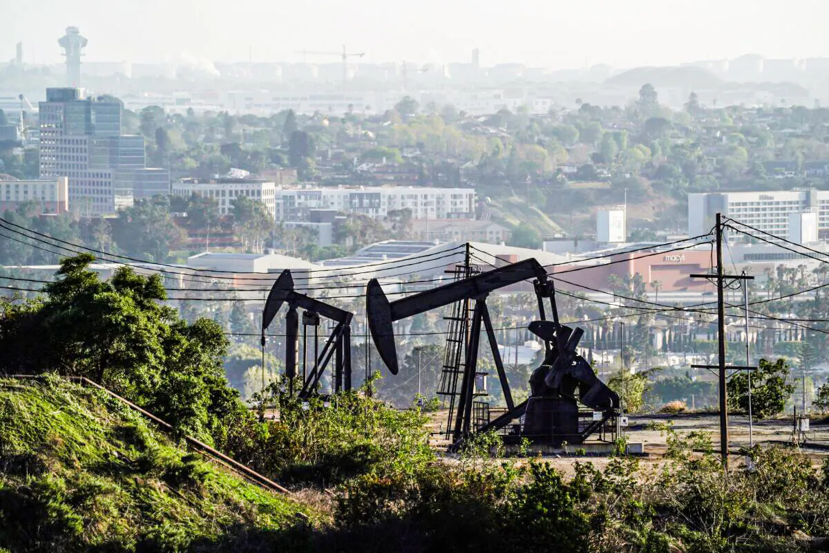 Active pumpjacks from oil wells are pictured at the Inglewood Oil Field, the largest urban oil field in the United States, from the Baldwin Hills Scenic Overlook, in Culver City, Calif., on Mar. 10, 2022. (Bing Guan/Reuters)