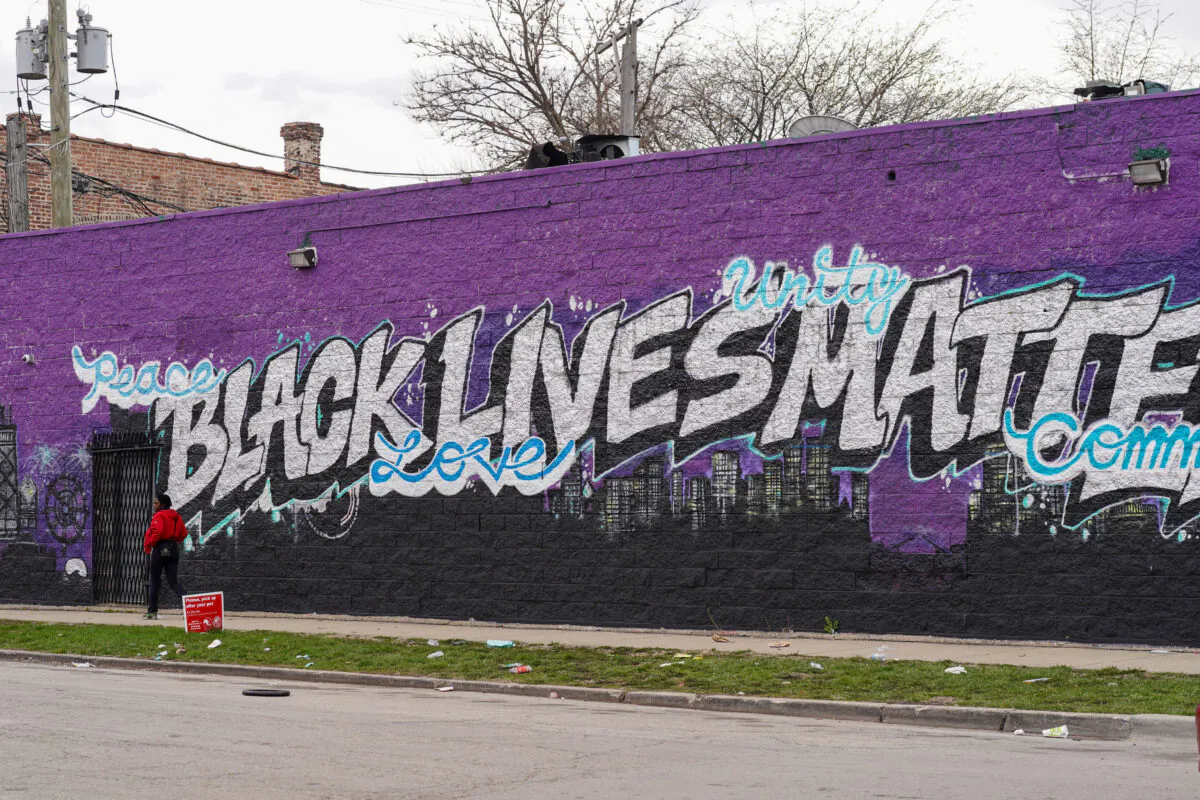 A Black Lives Matter mural in the Humboldt Park neighborhood on the West Side of Chicago on April 11, 2022. (Cara Ding/The Epoch Times)