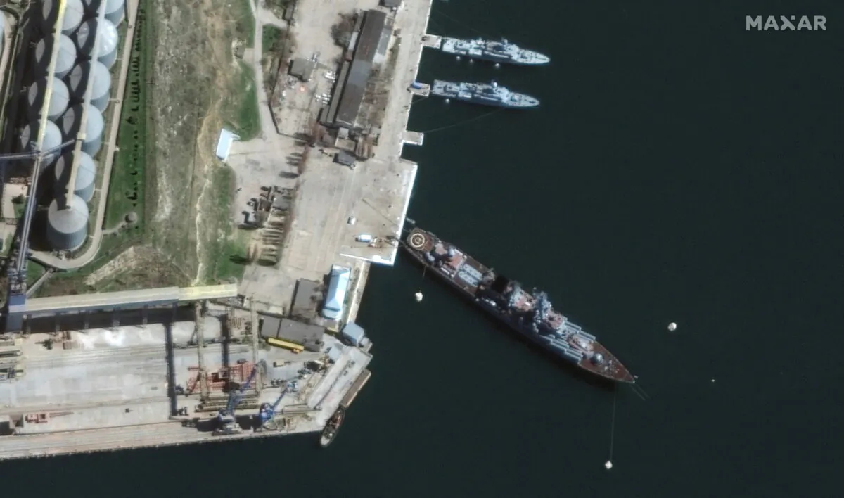 A satellite image shows a view of Russian Navy's guided missile cruiser Moskva at port, in Sevastopol, Crimea, April 7, 2022. The vessel was sunk on April 14. (Satellite image 2022 Maxar Technologies/Handout via Reuters)
