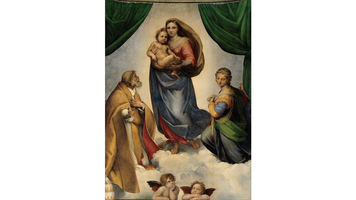 “Sistine Madonna,” 1513–14, by Raphael. Oil on canvas; 104.3 inches by 77.1 inches.Old Masters Gallery, Dresden, Germany. (Public Domain) 