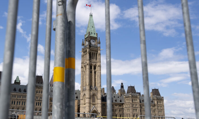 Temporary fences frame the Parliament buildings in Ottawa on June 30, 2020. (The Canadian Press/Adrian Wyld)