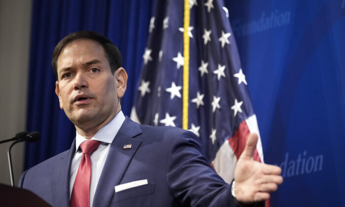 Sen. Marco Rubio (R-Fla.) speaks at the Heritage Foundation in Wash., on March 29, 2022. (Drew Angerer/Getty Images)