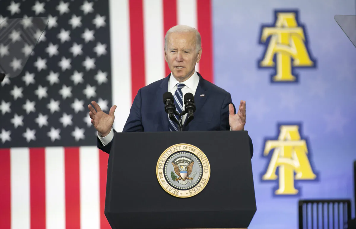 President Joe Biden speaks to guests during a visit to North Carolina Agricultural and Technical State University on April 14, 2022 in Greensboro, North Carolina. (Allison Joyce/Getty Images)