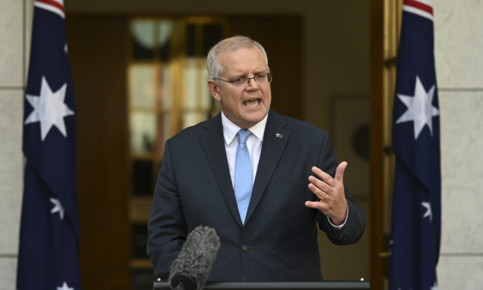 Prime Minister Scott Morrison announces date for the 2022 federal election in Canberra, Australia, on April 10, 2022. (Martin Ollman/Getty Images)