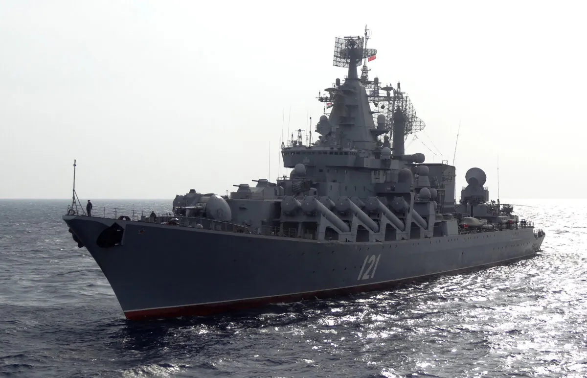 The Russian missile cruiser Moskva patrols in the Mediterranean Sea, off the coast of Syria, on Dec. 17, 2015. (Max Delany/AFP via Getty Images)