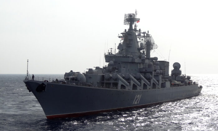 The Russian missile cruiser Moskva patrols in the Mediterranean Sea, off the coast of Syria, on Dec. 17, 2015. (Max Delany/AFP via Getty Images)