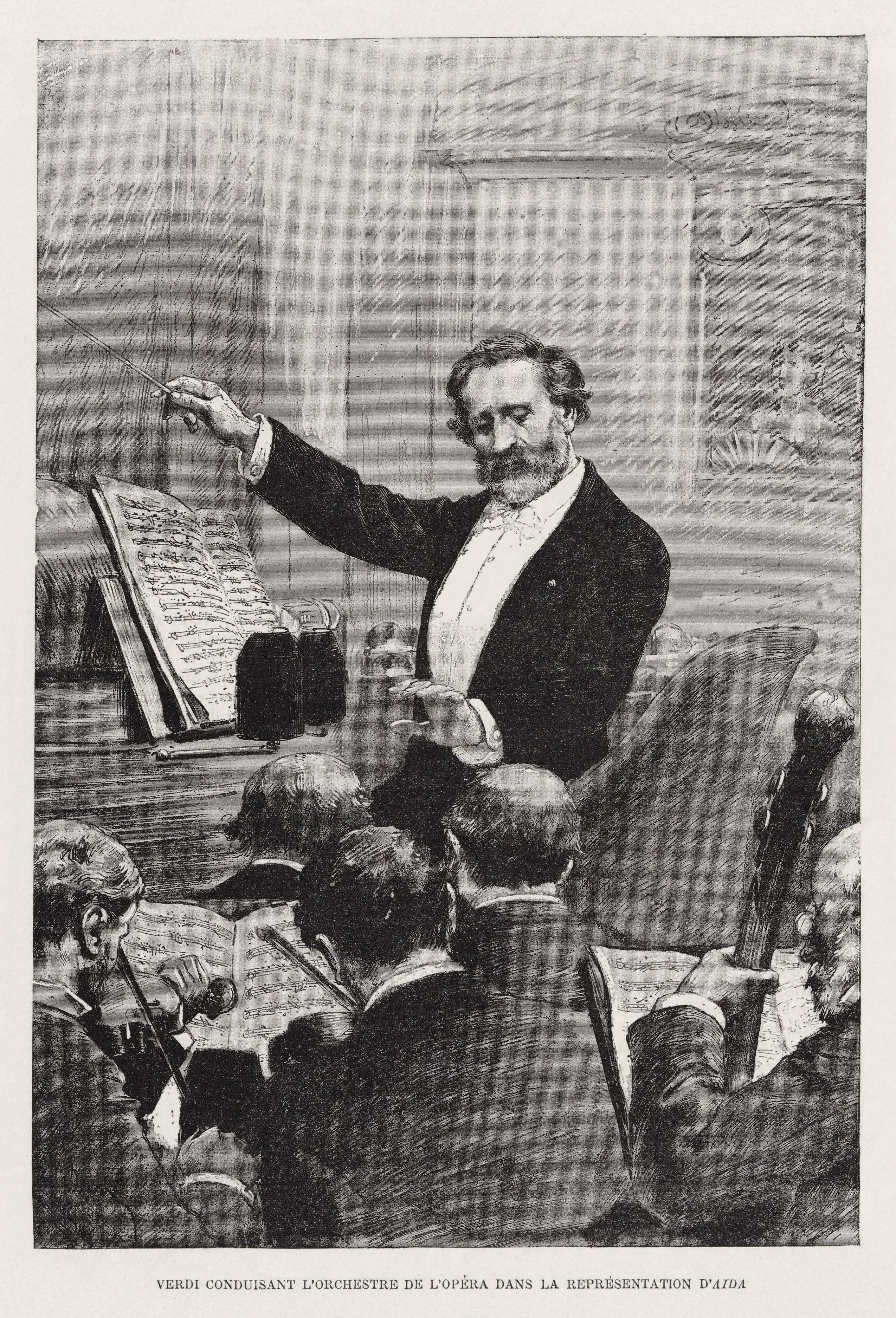 Illustration of Giuseppe Verdi conducting at the Palais Garnier by Adrien Marie, 1881.