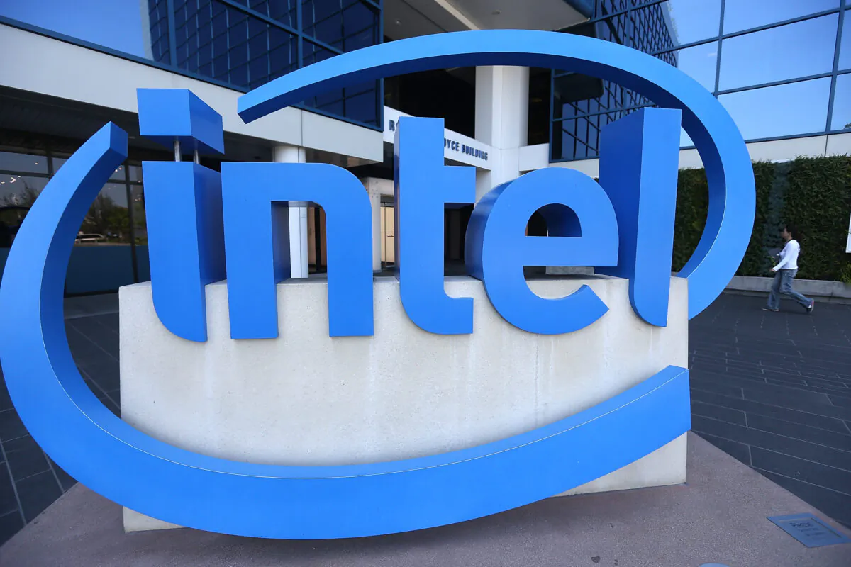 The Intel logo outside of the Intel headquarters in Santa Clara, Calif., on April 26, 2018. (Justin Sullivan/Getty Images)