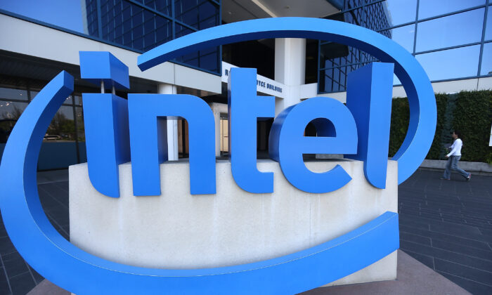 The Intel logo outside of the Intel headquarters in Santa Clara, Calif., on April 26, 2018. (Justin Sullivan/Getty Images)