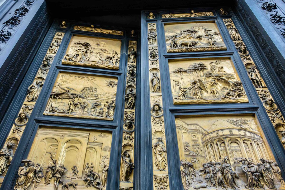 Baptistery of Saint John (1059 - 1128) in Piazza del Duomo, is one of Florence's oldest buildings and predates Santa Maria del Fiore cathedral. Gates of Paradise, by Lorenzo Ghiberti. Florence, Italy.