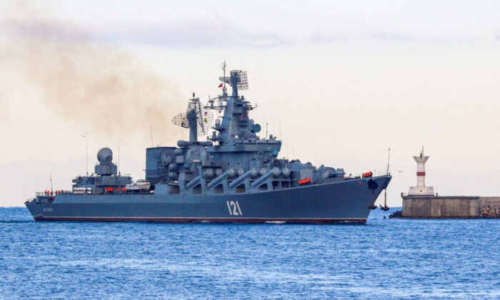 The Russian Navy's guided missile cruiser Moskva sails back into a harbor in the port of Sevastopol, Crimea, on Nov. 16, 2021. (Alexey Pavlishak/Reuters)