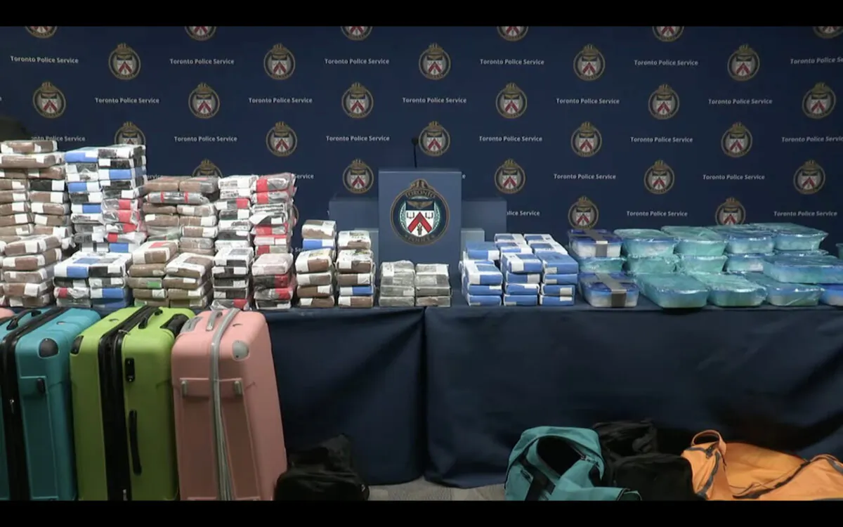 A screen of what was said to be "the largest single day seizure of illicit drugs in the history of the Toronto Police Service," exhibited during a press conference at the Toronto Police Headquarters on April 14, 2022.
(Screenshot via The Epoch Times)