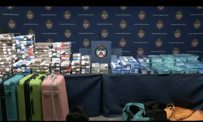 A screen of what was said to be "the largest single day seizure of illicit drugs in the history of the Toronto Police Service," exhibited during a press conference at the Toronto Police Headquarters on April 14, 2022.
(Screenshot via The Epoch Times)
