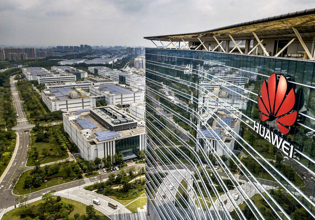 The Huawei logo on the side of the main building at the company's production campus in Dongguan, near Shenzhen, China, on April 25, 2019. (Kevin Frayer/Getty Images)
