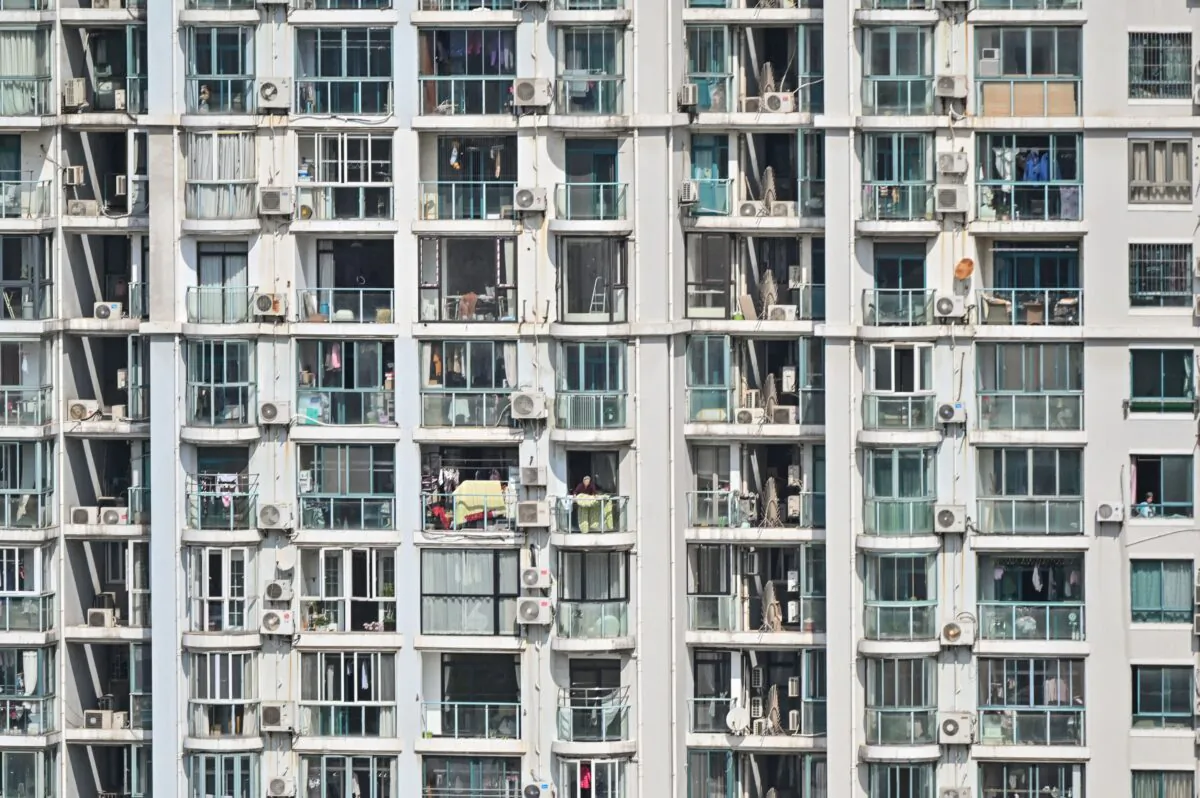 A residential building during a COVID-19 lockdown in the Jing'an district in Shanghai on April 8, 2022. (Hector Retamal/AFP via Getty Images)