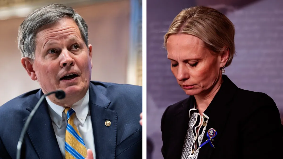Sen. Steve Daines testifies at a Senate Banking, Housing, and Urban Affairs Committee hearing in Washington, DC, on March 3, 2022. (Tom Williams-Pool/Getty Images); Ukrainian-American Rep. Victoria Spartz attends a news conference in Washington, DC, on March 02, 2022. (Kevin Dietsch/Getty Images)