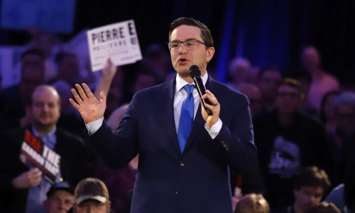 Federal Conservative leadership candidate Pierre Poilievre speaks at an anti-carbon tax rally in Ottawa on March 31, 2022. (The Canadian Press/Patrick Doyle)