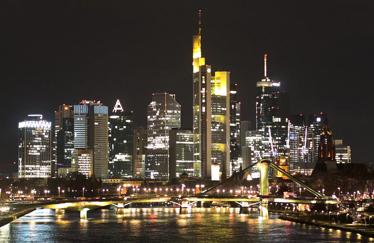 The illuminated night skyline of Frankfurt/Main, Germany on Dec. 30, 2021. (DANIEL ROLAND/AFP via Getty Images)
