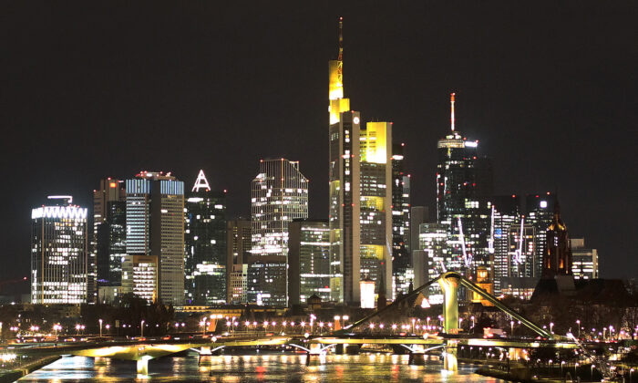 The illuminated night skyline of Frankfurt/Main, Germany on Dec. 30, 2021. (DANIEL ROLAND/AFP via Getty Images)