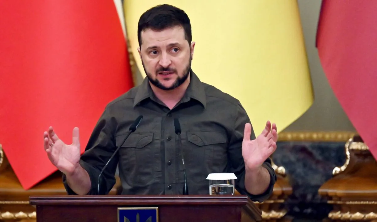 President of Ukraine Volodymyr Zelenskyy speaks during a press conference along with the presidents of Poland, Lithuania, and Estonia and Latvia, following their talks in Kyiv, on April 13, 2022. (Sergei Supinsky/AFP via Getty Images)