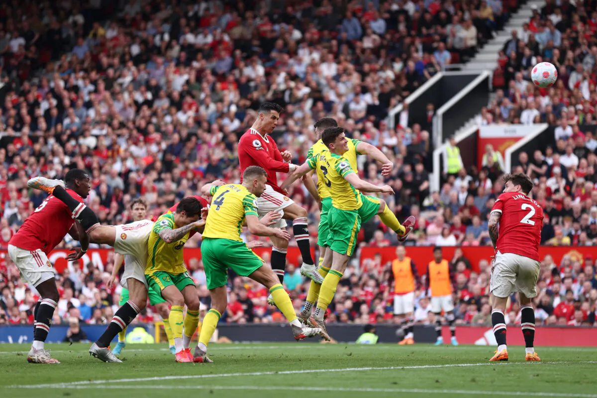 Cristiano Ronaldo of Manchester United wins a header during the Premier League match between Manchester United and Norwich City at Old Trafford, in Manchester, England, on April 16, 2022.(Naomi Baker/Getty Images)