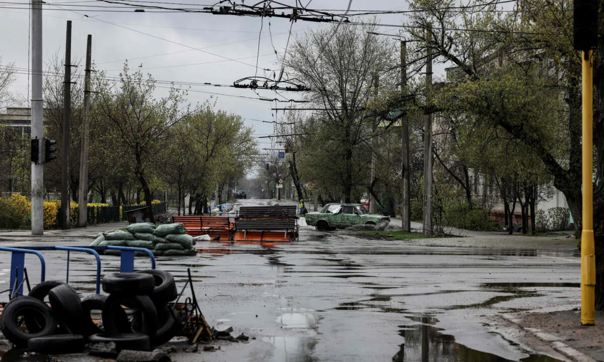 Remains of barricades are pictured in a street of Severodonetsk as Russian troops intensified a campaign to take the strategic port city of Mariupol, part of an anticipated massive onslaught across eastern Ukraine, in eastern Ukraine's Donbass region, on April 13, 2022. (Ronaldo Schemidt/AFP via Getty Images)