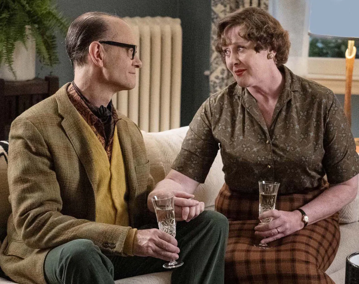 David Hyde Pierce (left) plays Julia Child's husband in "Julia," the new series about the American chef premiering on HBO Max on March 31, 2022. British actress Sarah Lancashire plays Julia. (HBO Max/TNS)