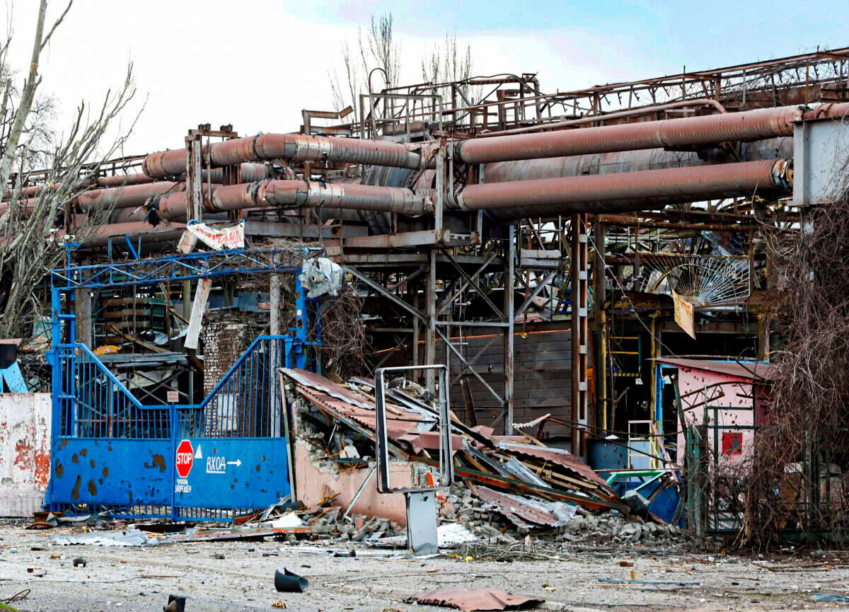 A view shows the gates of the Illich Steel and Iron Works damaged during Ukraine-Russia conflict in the southern port city of Mariupol, Ukraine, on April 15, 2022. (Alexander Ermochenko/Reuters)