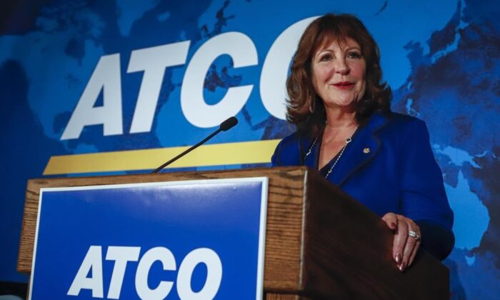 ATCO chief executive officer Nancy Southern addresses the company's annual meeting in Calgary on May 15, 2019. (The Canadian Press/Jeff McIntosh)