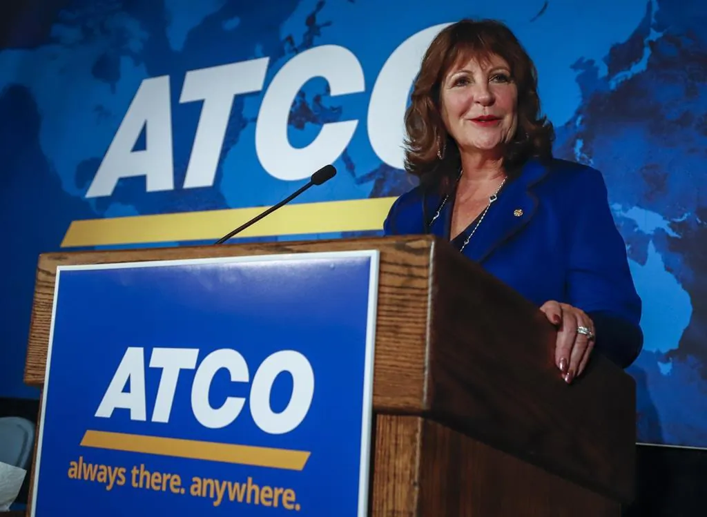 ATCO chief executive officer Nancy Southern addresses the company's annual meeting in Calgary on May 15, 2019. (The Canadian Press/Jeff McIntosh)