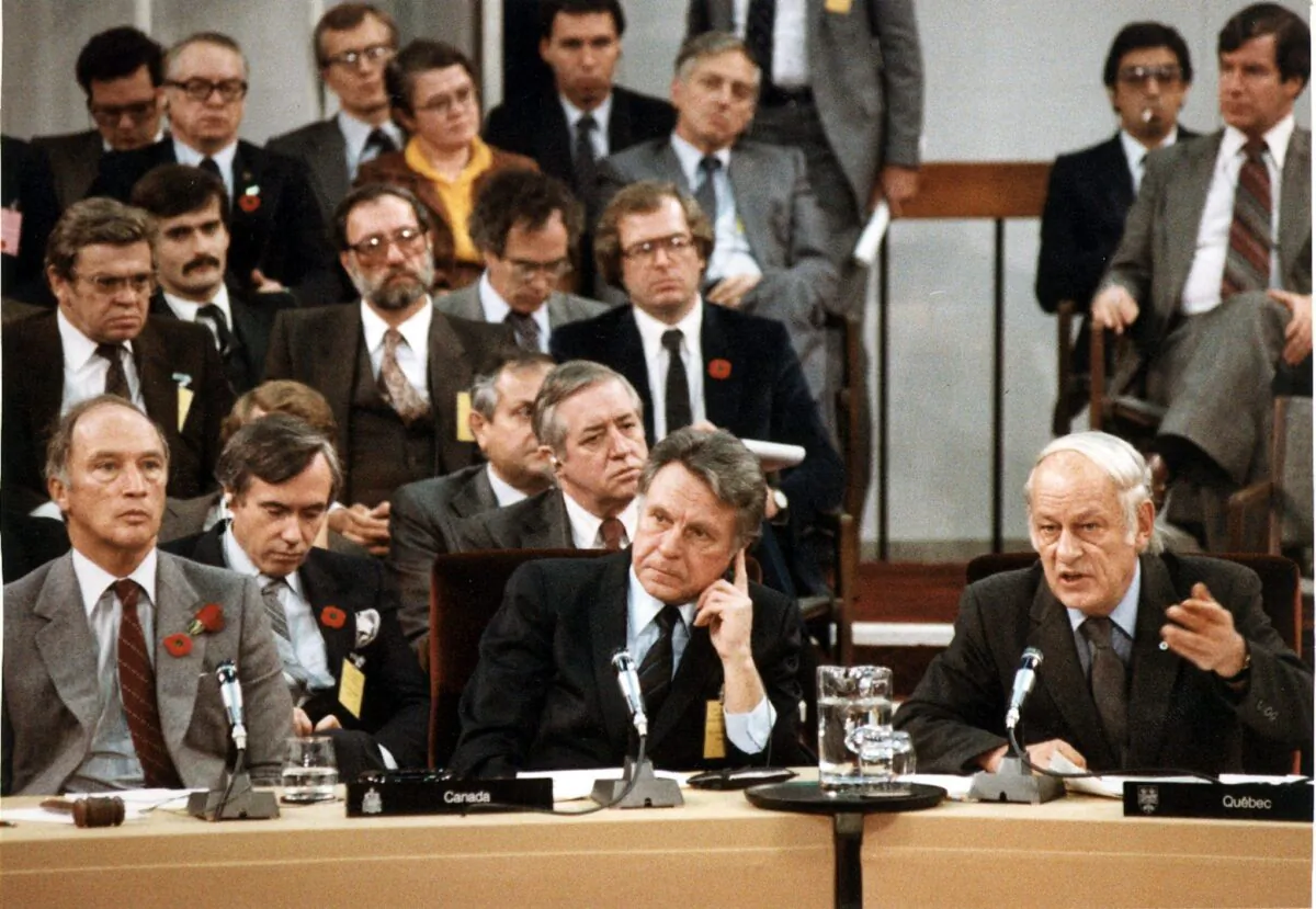 (L-R) Prime Minister Pierre Trudeau, Minister of Finance Allan MacEachen, and Premier of Quebec Rene Levesque attend the constitutional conference in Ottawa on Nov. 5, 1981, when it was agreed to add a Charter of Rights and Freedoms to the Constitution. (CP Photo)
