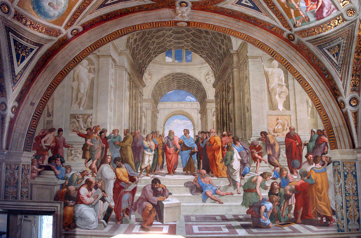 Raphael, The School of Athens, 1509–1511, fresco at the Raphael Rooms, Apostolic Palace, Vatican City. (Public Domain)
