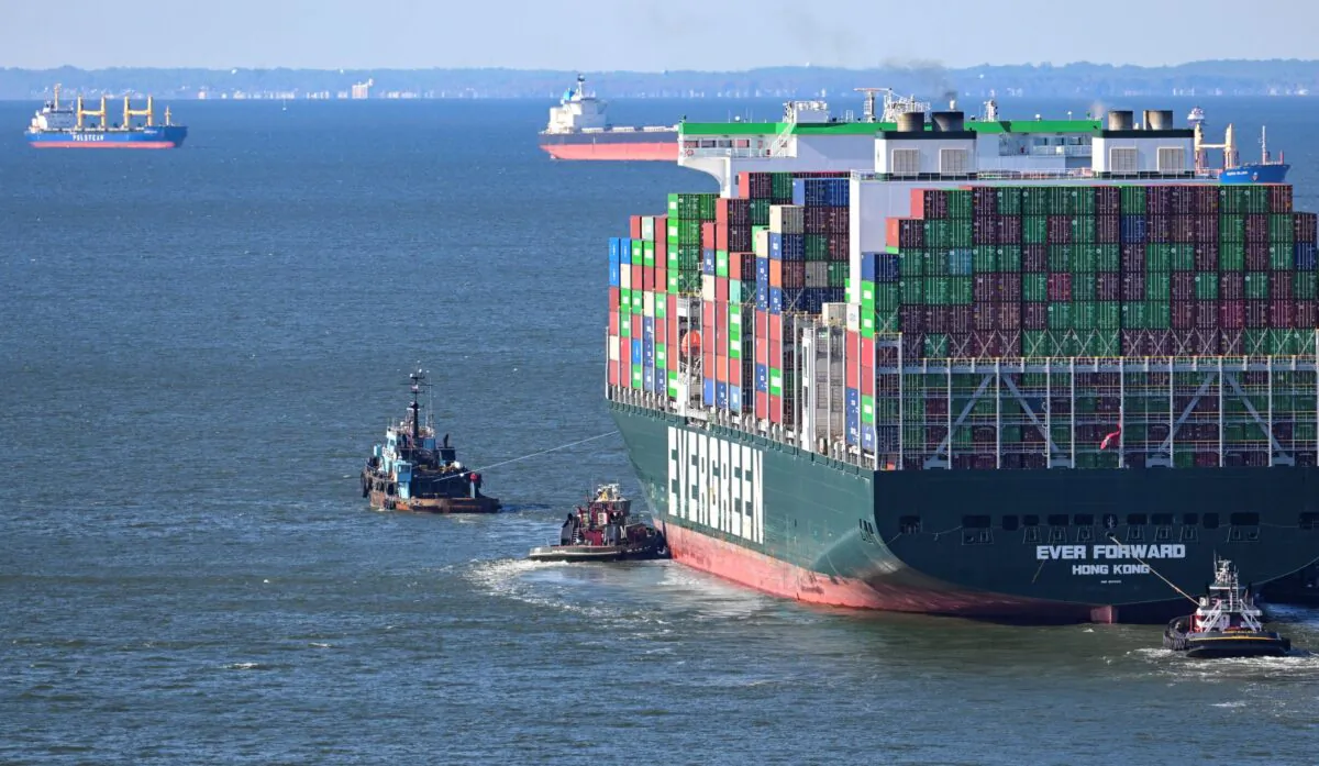Evergreen Marine's Ever Forward container ship is taken to an anchorage south of the Chesapeake Bay Bridge on March 13, 2022. (Jerry Jackson/The Baltimore Sun via AP)